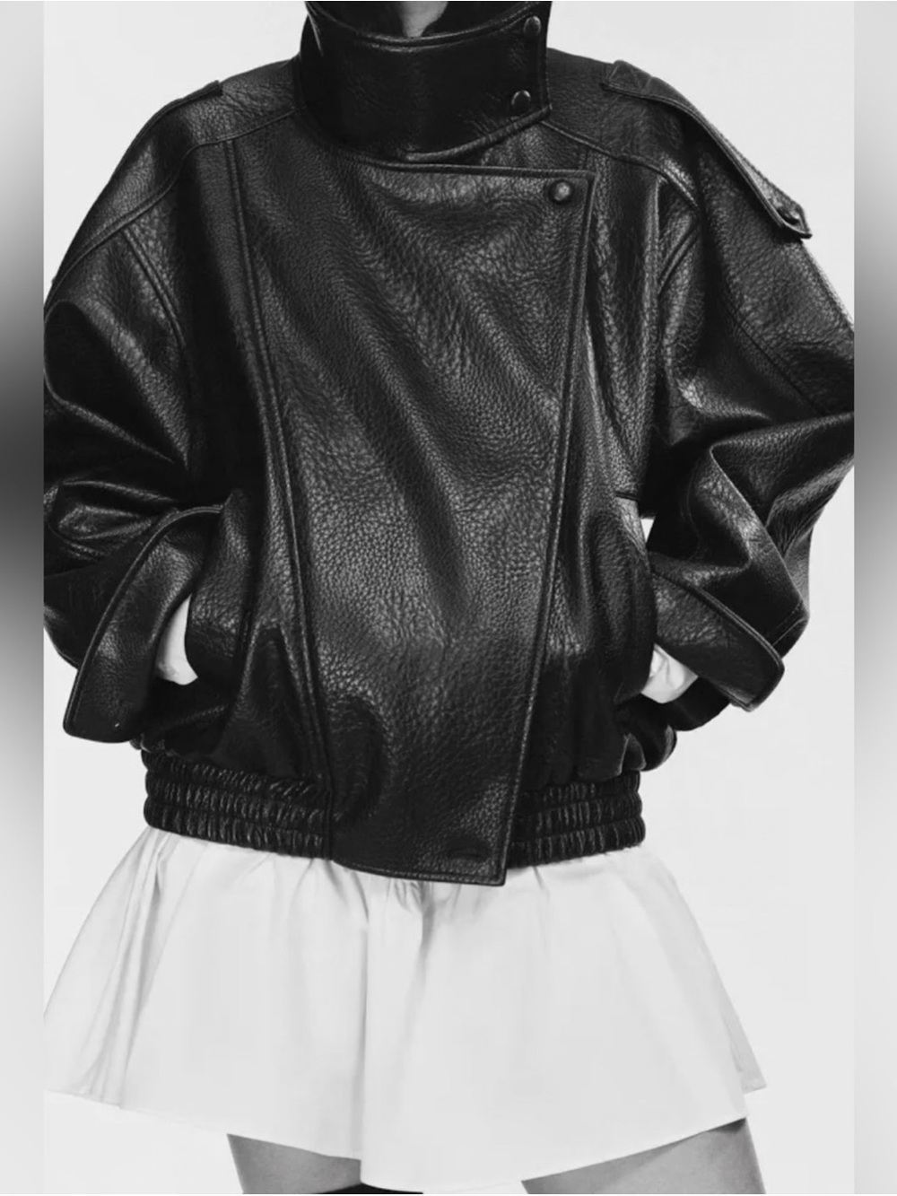 Zara Black Leather Bomber Jacket with Utility Pockets NWOT - Picture 2 of 9